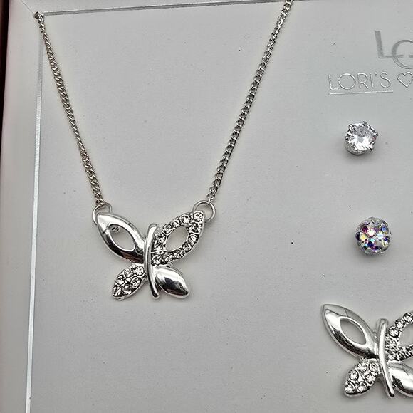 Sensitive Ears Silver Tone Butterfly Necklace and Earrings Gift Set - Picture 3 of 3